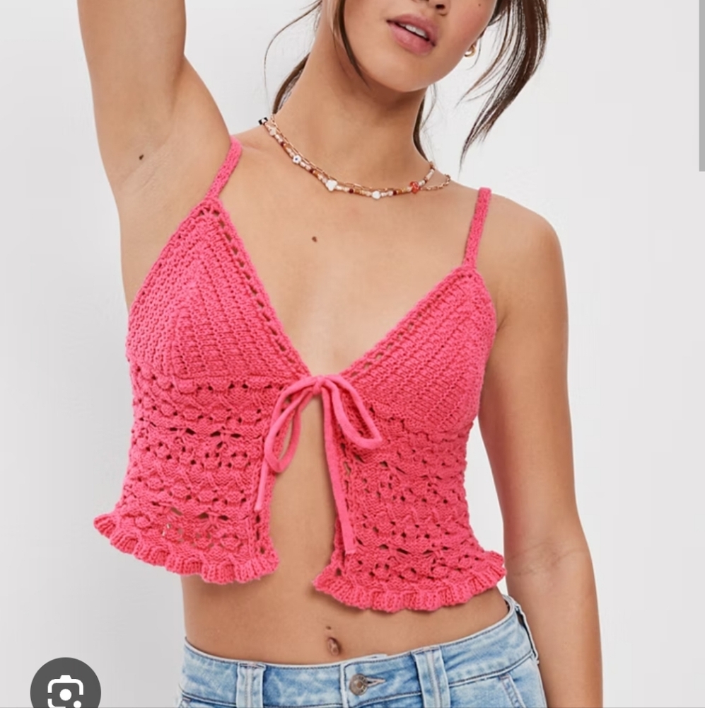 American Eagle Outfitters Crochet Tie-Front Cami - Bright Pink